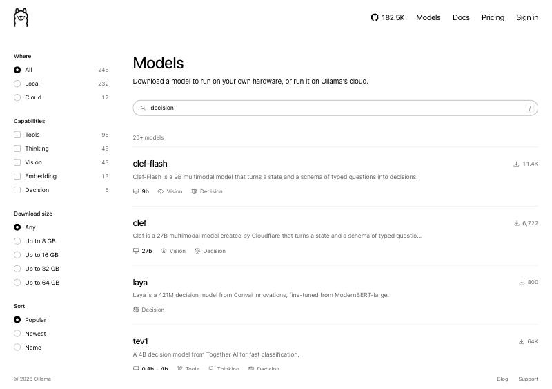 Screenshot of Ollama's model search for "decision", showing clef-flash, clef, laya and tev1 with the Decision tag.