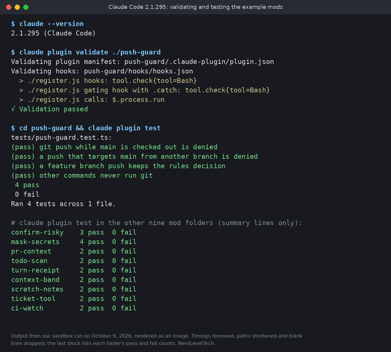 Terminal output from Claude Code 2.1.295 showing claude plugin validate passing for the push-guard mod, its four tests passing, and pass and fail counts for the other nine mods. Timings removed and paths shortened.