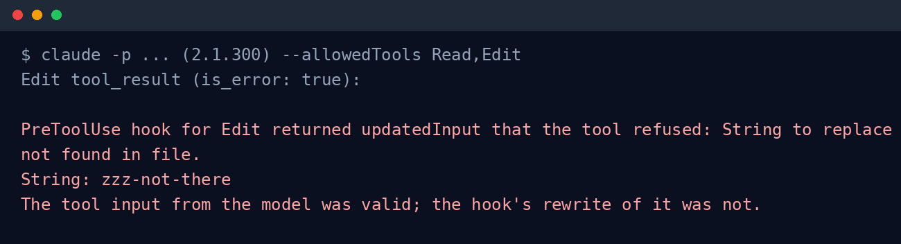 Terminal-style render of the 2.1.300 error for a rejected Edit rewrite