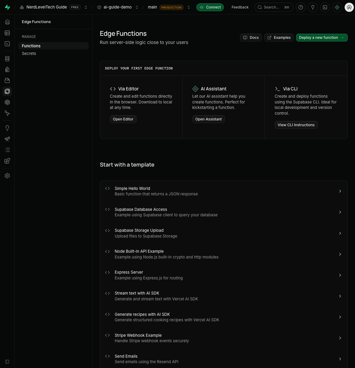 Supabase Edge Functions — click "Deploy a new function" to create a new function