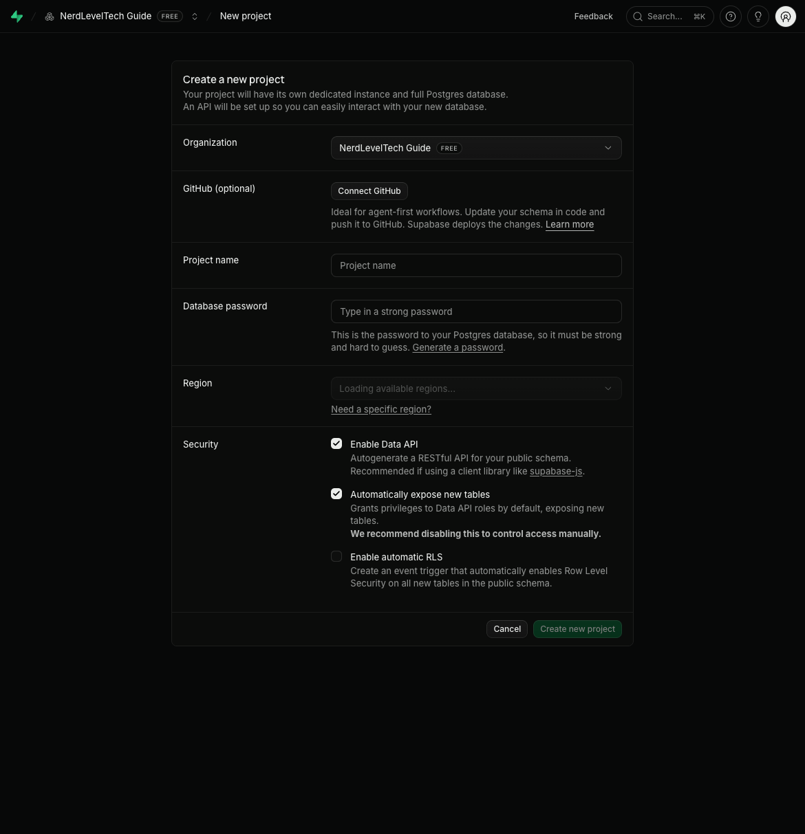 Supabase — create a new project with name, password, and region