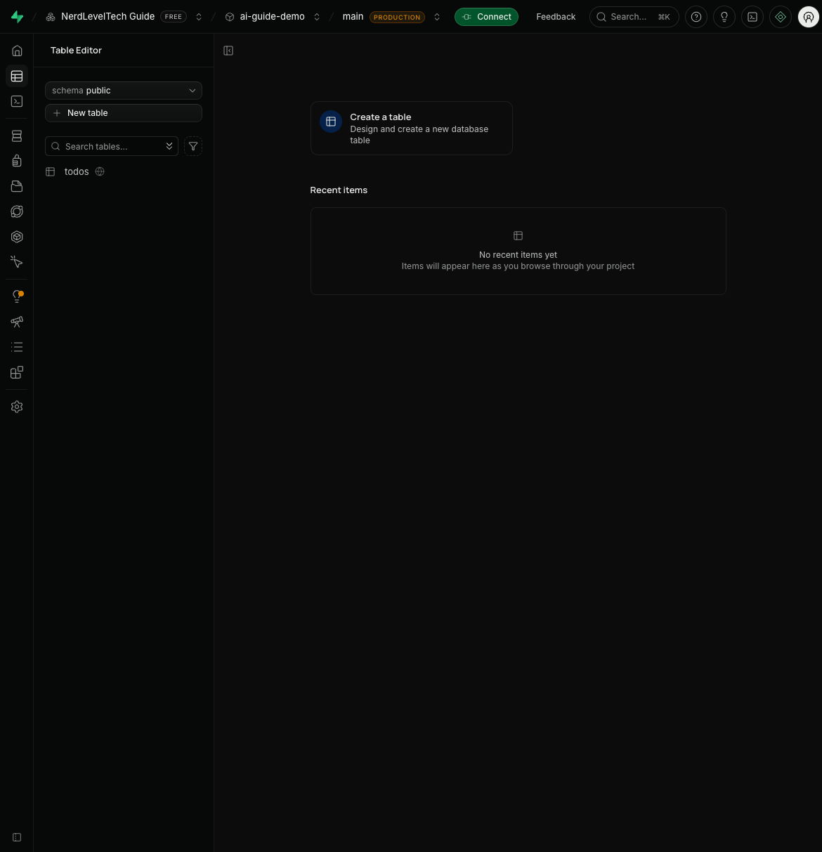 Supabase Table Editor — create a new table with columns